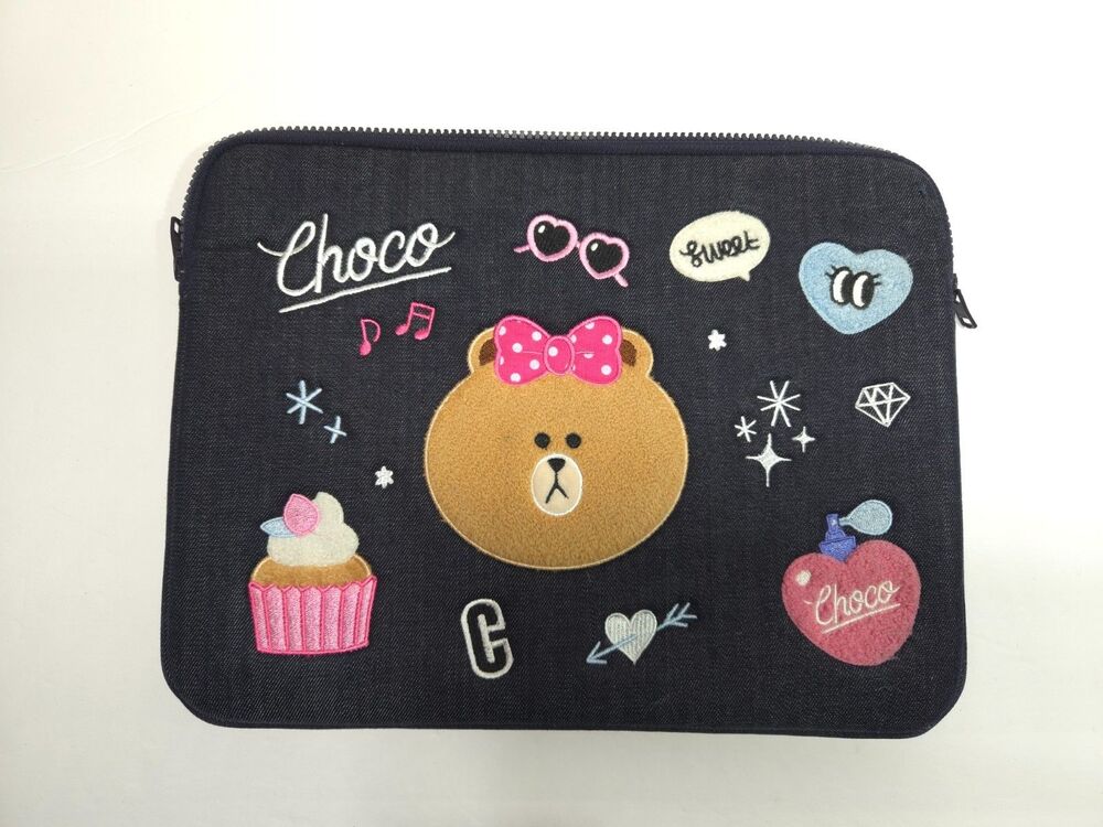 Dark Navy Denim Padded Laptop Sleeve Case Bag Line Friends Choco Bear Hole
